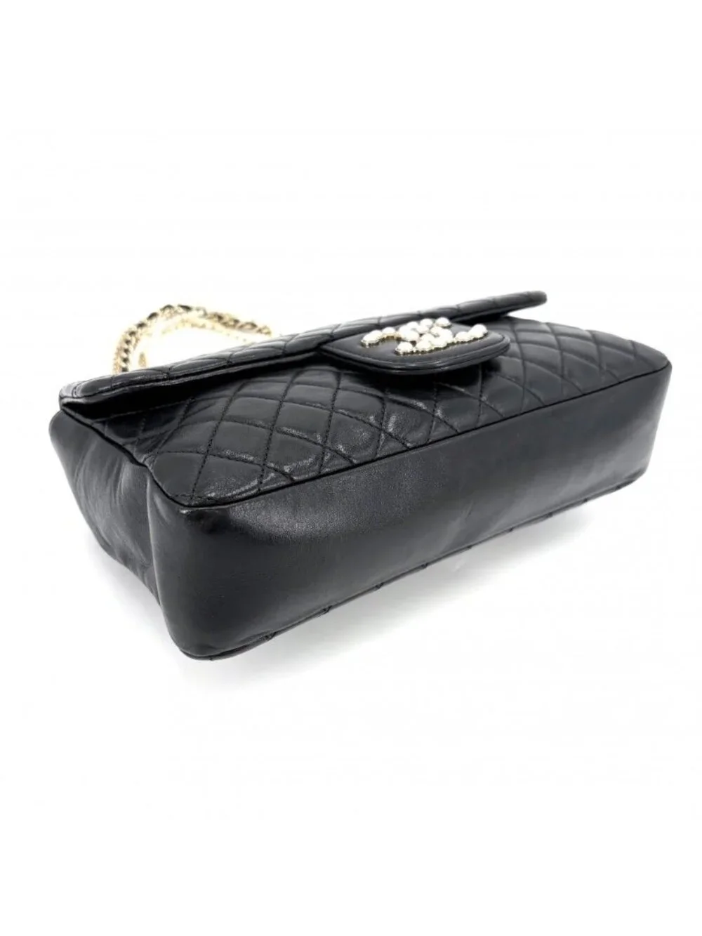 Chanel Shoulder Bag Quilted Westminster Chain Leather Faux Pearl Black Gold
